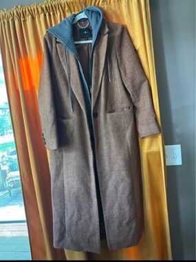 Womens Brown Wool Blend Long Coat with Removable Hood Insert